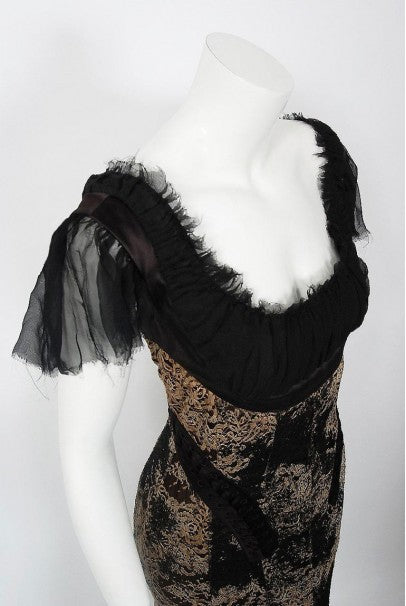 2002 Alexander McQueen Lifetime Runway Lace &amp; Metallic Silk Corset Fishtail Gown