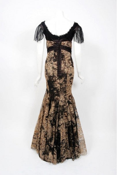 2002 Alexander McQueen Lifetime Runway Lace &amp; Metallic Silk Corset Fishtail Gown