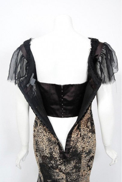 2002 Alexander McQueen Lifetime Runway Lace &amp; Metallic Silk Corset Fishtail Gown