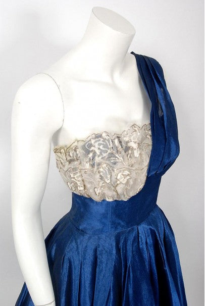 1950&#39;s Beaumelle Sapphire Blue Organza &amp; Metallic Lace One-Shoulder Party Dress