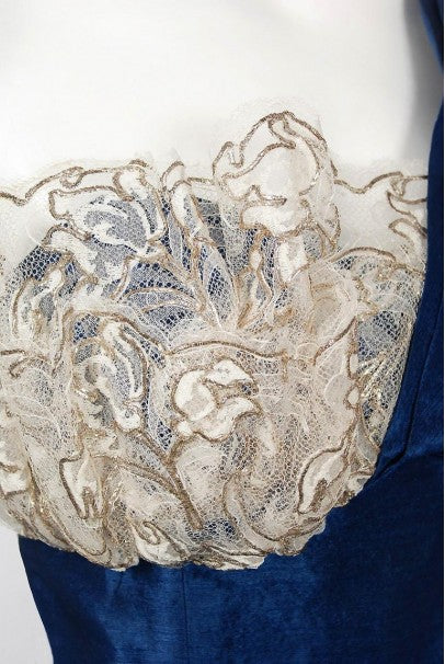 1950&#39;s Beaumelle Sapphire Blue Organza &amp; Metallic Lace One-Shoulder Party Dress