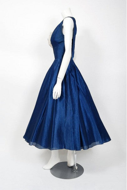 1950&#39;s Beaumelle Sapphire Blue Organza &amp; Metallic Lace One-Shoulder Party Dress