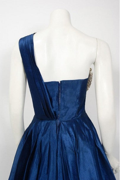 1950&#39;s Beaumelle Sapphire Blue Organza &amp; Metallic Lace One-Shoulder Party Dress