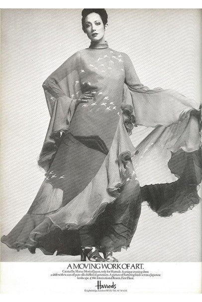 1972 Hanae Mori Couture Documented Scenic Bird Print Silk-Chiffon Caftan Dress