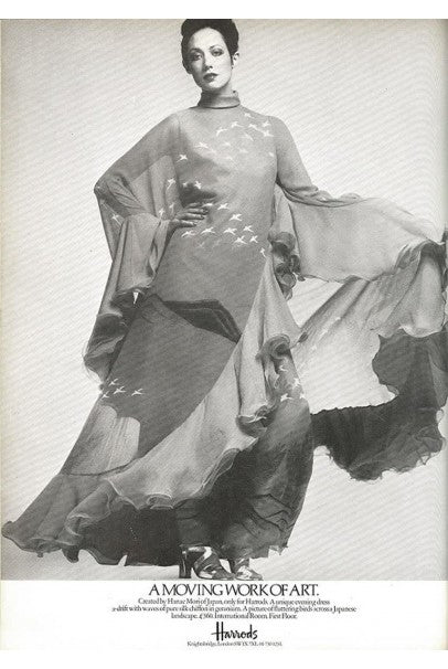 1972 Hanae Mori Couture Documented Scenic Bird Print Silk-Chiffon