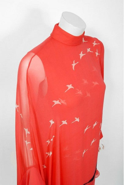1972 Hanae Mori Couture Documented Scenic Bird Print Silk-Chiffon Caftan Dress