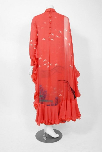 1972 Hanae Mori Couture Documented Scenic Bird Print Silk-Chiffon Caftan Dress