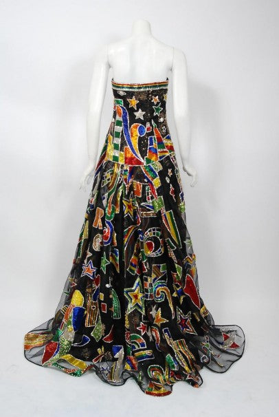 1989 Gianni Versace Haute Couture Beaded Circus Novelty Strapless Gown and  Shawl