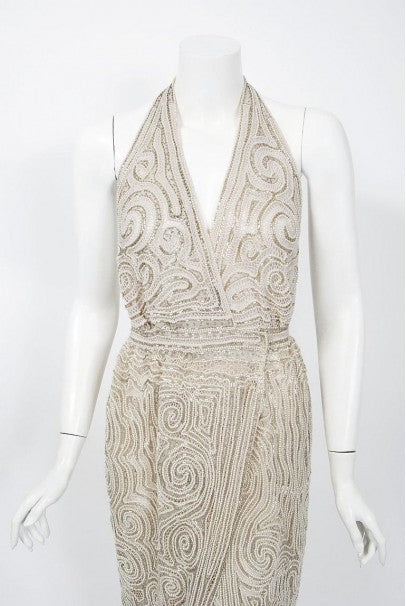 1975 Halston Couture Ivory Pearl Beaded Swirl Silk Halter Backless Wrap Gown
