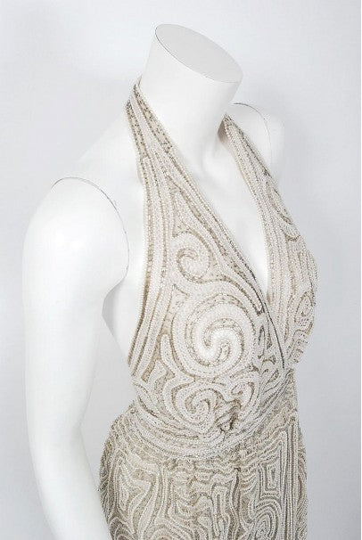 1975 Halston Couture Ivory Pearl Beaded Swirl Silk Halter Backless Wrap Gown