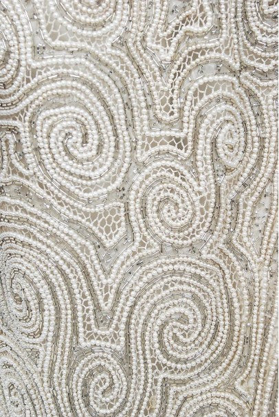 1975 Halston Couture Ivory Pearl Beaded Swirl Silk Halter Backless Wrap Gown