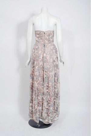 1960 Pale Pink and Grey Embroidered Lace & Tiered Silk Strapless Gown