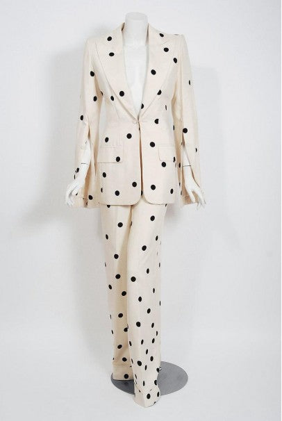 2004 Jean-Louis Scherrer Couture Ivory Polka Dot Silk Split-Sleeve Jacket Suit