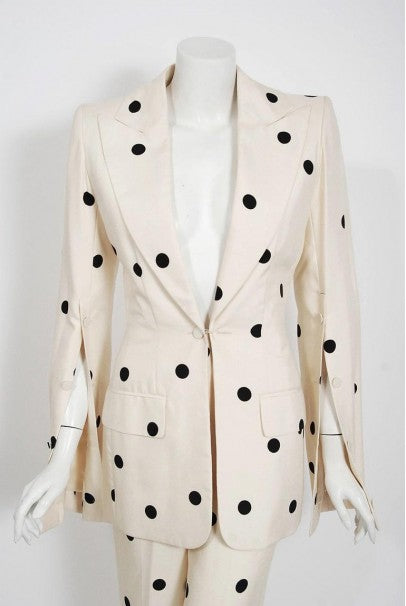 2004 Jean-Louis Scherrer Couture Ivory Polka Dot Silk Split-Sleeve Jacket Suit