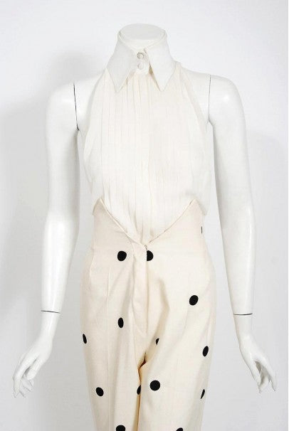 2004 Jean-Louis Scherrer Couture Ivory Polka Dot Silk Split-Sleeve Jacket Suit