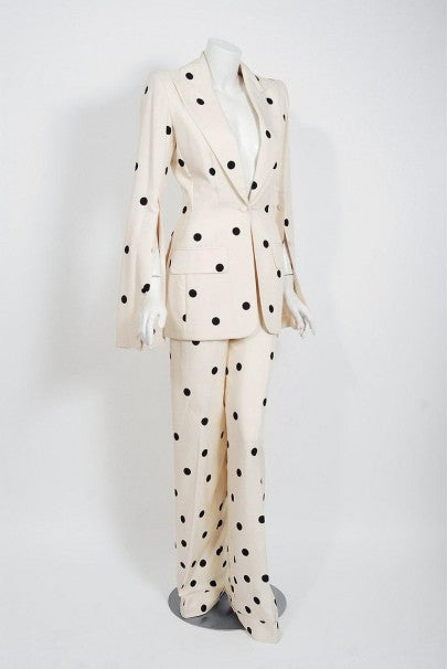 2004 Jean-Louis Scherrer Couture Ivory Polka Dot Silk Split-Sleeve Jacket Suit