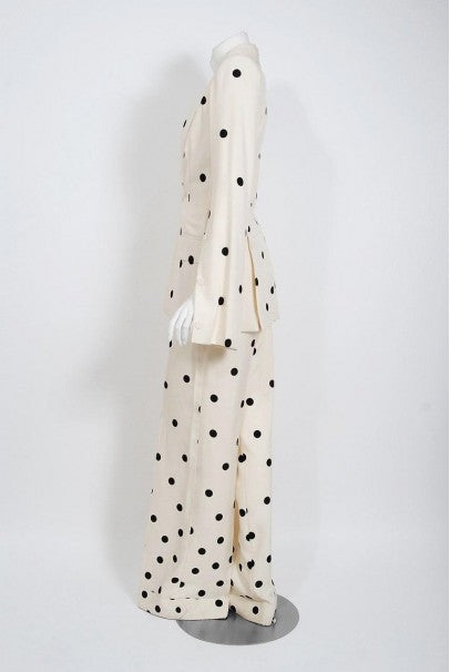 2004 Jean-Louis Scherrer Couture Ivory Polka Dot Silk Split-Sleeve Jacket Suit