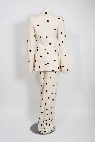 2004 Jean-Louis Scherrer Couture Ivory Polka Dot Silk Split-Sleeve Jacket Suit
