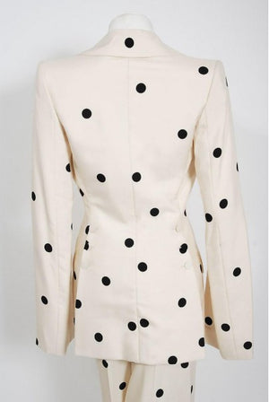 2004 Jean-Louis Scherrer Couture Ivory Polka Dot Silk Split-Sleeve Jacket Suit