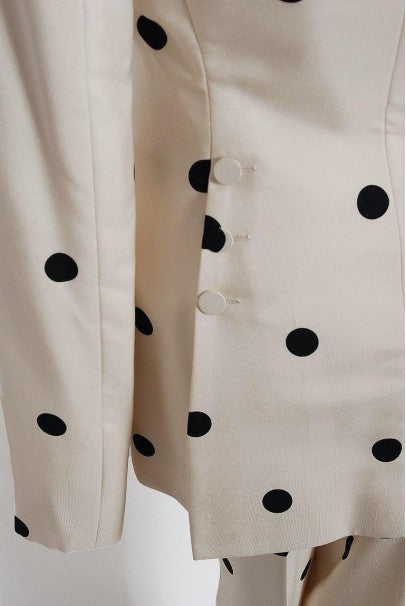 2004 Jean-Louis Scherrer Couture Ivory Polka Dot Silk Split-Sleeve Jacket Suit