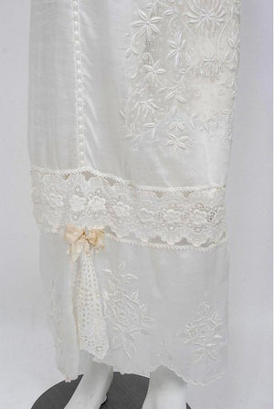 1910's Edwardian Couture White Embroidered Cotton & Lace Cut-Out Boudior Dress