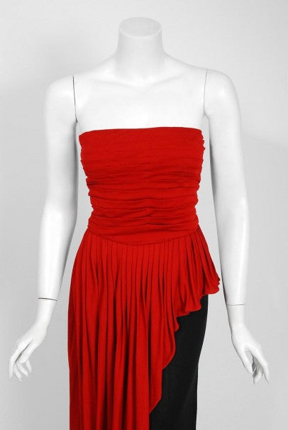 1975 Sheilagh Brown for Quorum Documented Black &amp; Red Jersey Strapless Dress