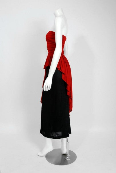 1975 Sheilagh Brown for Quorum Documented Black &amp; Red Jersey Strapless Dress