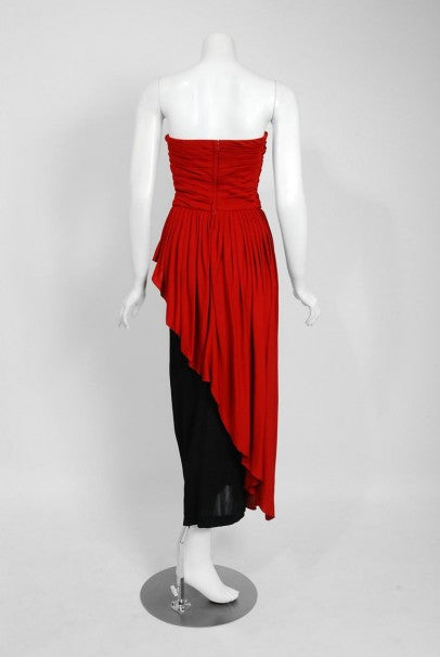 1975 Sheilagh Brown for Quorum Documented Black &amp; Red Jersey Strapless Dress