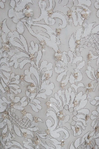 1965 Pierre Balmain Haute-Couture Ivory Beaded Metallic Lace Strapless Gown