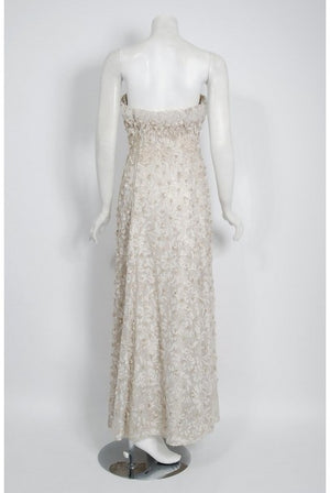 1965 Pierre Balmain Haute-Couture Ivory Beaded Metallic Lace Strapless Gown