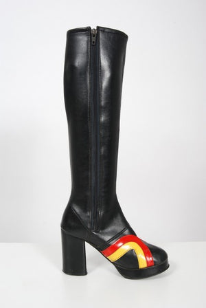 1970's Red & Yellow Stripe Black Vinyl Glam Rock Platform Knee-High Boots