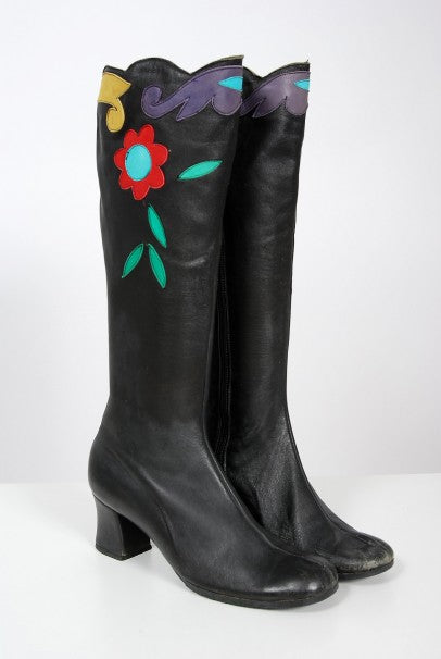 1970&#39;s Karina of Spain Colorful Floral Applique Black Leather Knee-High Boots