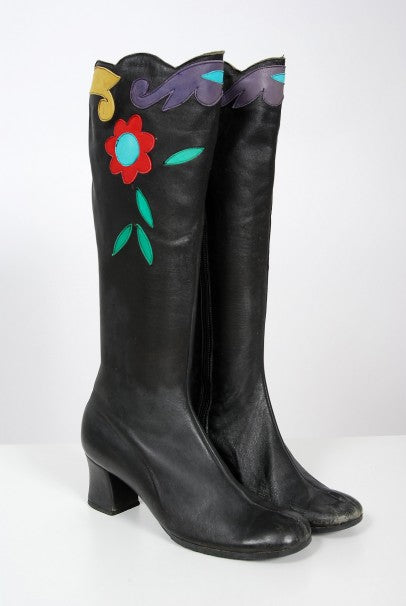 1970's Karina of Spain Colorful Floral Applique Black Leather Knee-High Boots