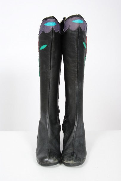 1970&#39;s Karina of Spain Colorful Floral Applique Black Leather Knee-High Boots
