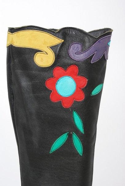 1970&#39;s Karina of Spain Colorful Floral Applique Black Leather Knee-High Boots