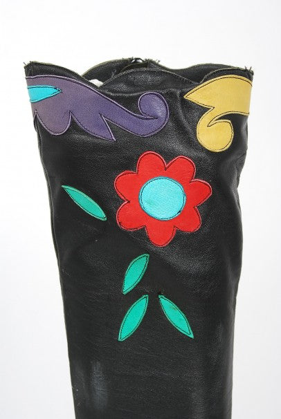 1970&#39;s Karina of Spain Colorful Floral Applique Black Leather Knee-High Boots