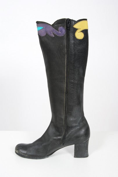 1970&#39;s Karina of Spain Colorful Floral Applique Black Leather Knee-High Boots