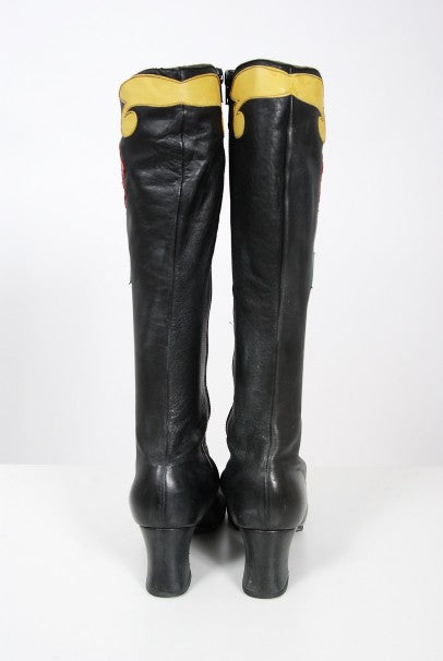 1970&#39;s Karina of Spain Colorful Floral Applique Black Leather Knee-High Boots