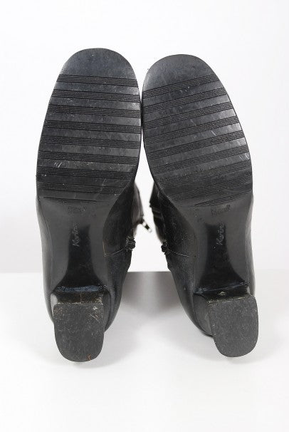 1970&#39;s Karina of Spain Colorful Floral Applique Black Leather Knee-High Boots