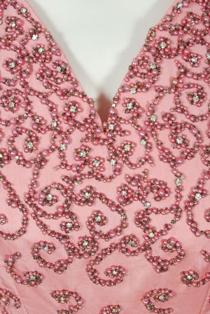 1955 Pedro Rodriguez Couture Pink Beaded Rhinestone Silk Hourglass Trained Gown