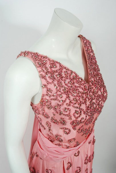 1955 Pedro Rodriguez Couture Pink Beaded Rhinestone Silk Hourglass Trained Gown