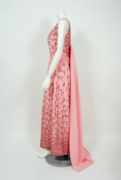 1955 Pedro Rodriguez Couture Pink Beaded Rhinestone Silk Hourglass Trained Gown