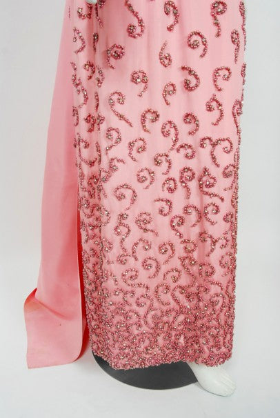 1955 Pedro Rodriguez Couture Pink Beaded Rhinestone Silk Hourglass Trained Gown
