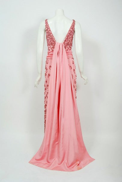 1955 Pedro Rodriguez Couture Pink Beaded Rhinestone Silk Hourglass Trained Gown
