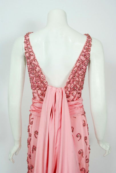 1955 Pedro Rodriguez Couture Pink Beaded Rhinestone Silk Hourglass Trained Gown