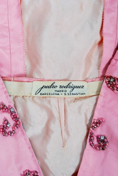 1955 Pedro Rodriguez Couture Pink Beaded Rhinestone Silk Hourglass Trained Gown