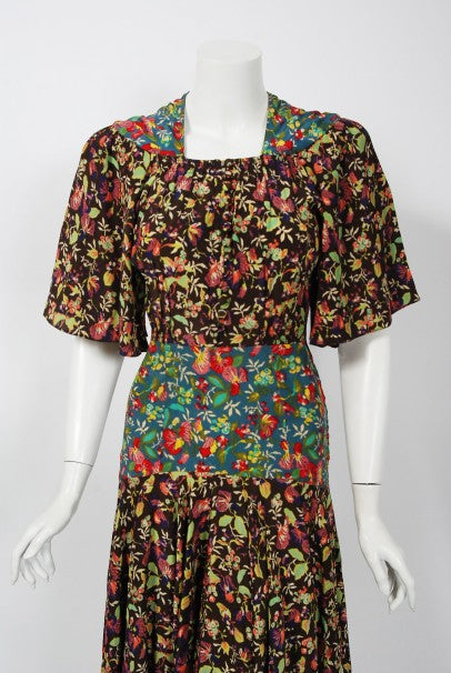 1970 Alice Pollock for Quorum Floral Print Rayon Flutter Sleeve Bias-Cut Dress