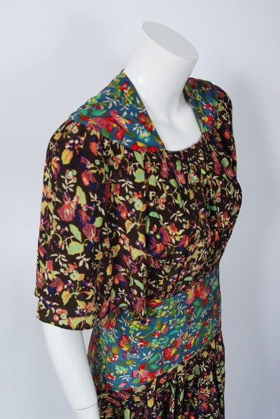 1970 Alice Pollock for Quorum Floral Print Rayon Flutter Sleeve Bias-Cut Dress