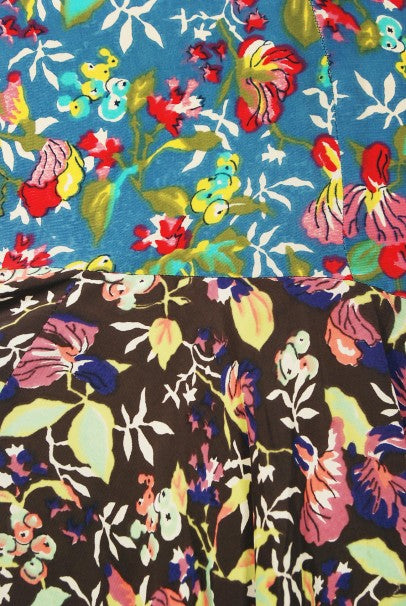1970 Alice Pollock for Quorum Floral Print Rayon Flutter Sleeve Bias-Cut Dress