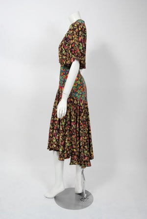 1970 Alice Pollock for Quorum Floral Print Rayon Flutter Sleeve Bias-Cut Dress